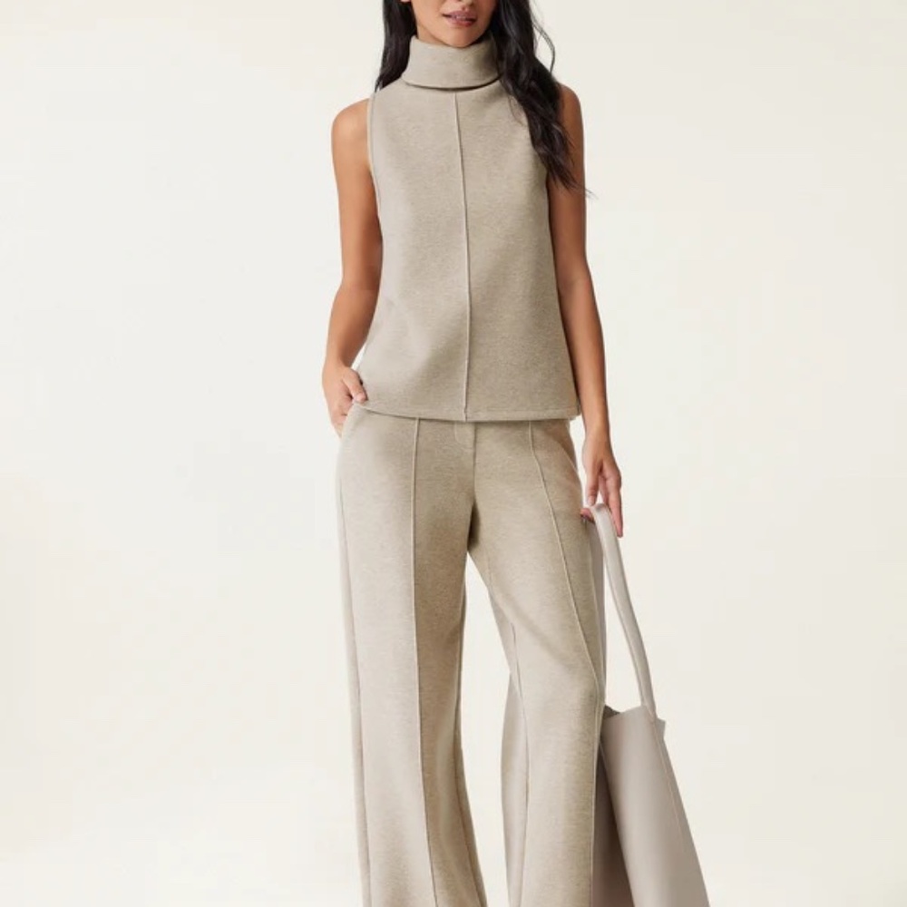 OGL Cream Sleeveless Turtleneck Top and Wide-Leg Pants Set